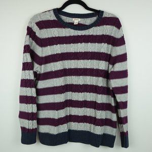 LL Bean Navy Blue‎ Gray Purple Striped Cable Knit Fisherman Sweater Size XL